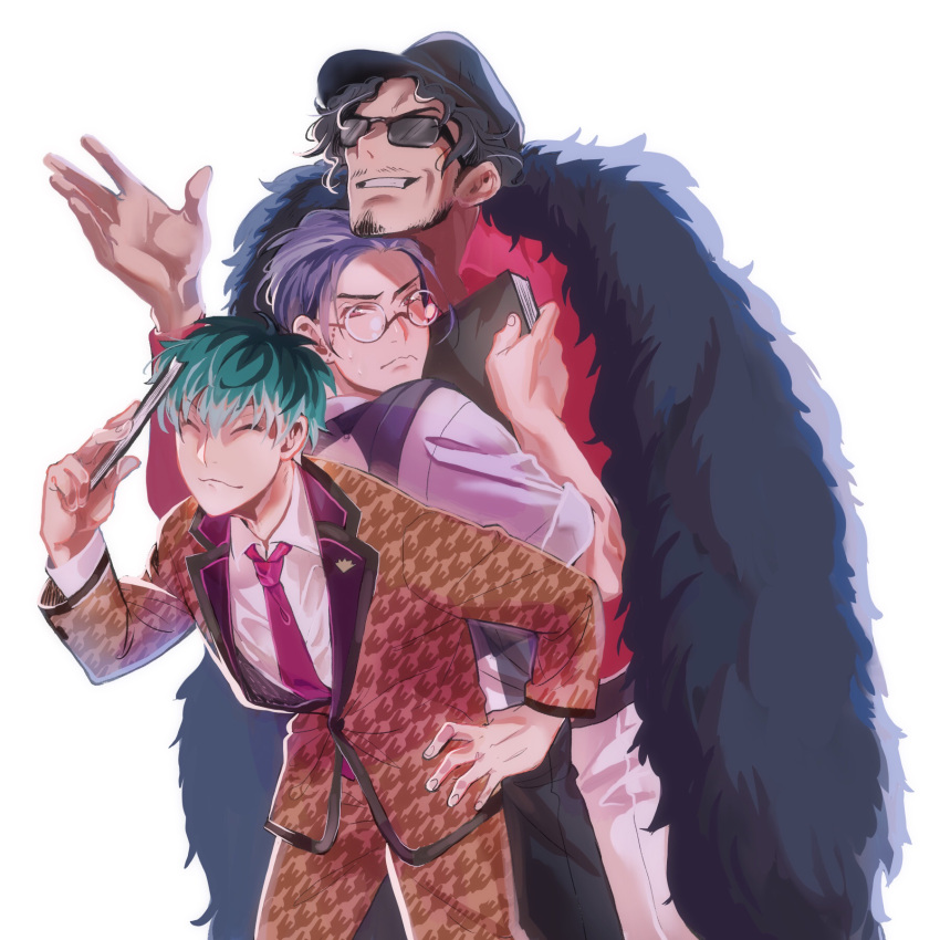 3boys, ^3^, amayado_rei, aqua_hair, argyle_clothes, argyle_sweater_vest, beard_stubble, black_hair