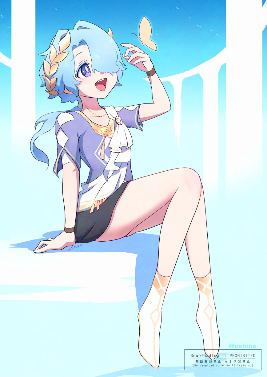 1boy, alternate_costume, arm_support, ascot, blue_hair, bug, butterfly, collarbone
