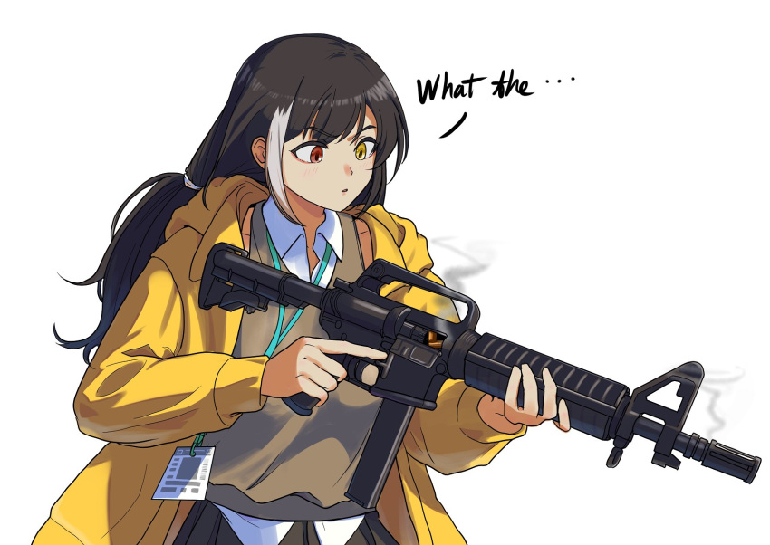 1girl, assault_rifle, black_hair, brown_cardigan, bullet, cardigan, colt_9mm_smg, commentary