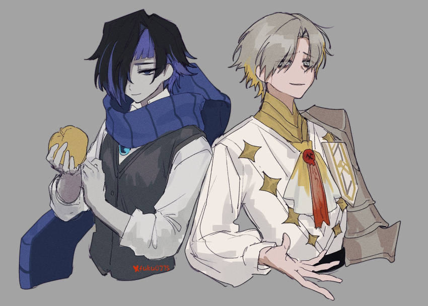 1boy, 1girl, ascot, black_hair, black_vest, blonde_hair, blue_eyes, blue_hair