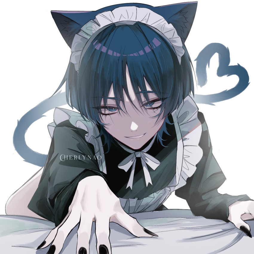 alternate_costume, animal_ears, apron, black_dress, black_nails, blue_eyes, blue_hair, cat_boy, cat_ears, cat_tail, cherlynaoo, dress, enmaided, genshin_impact, heart, heart_tail, highres, kemonomimi_mode, long_sleeves, looking_at_viewer, maid, maid_apron, maid_headdress, male_focus, scaramouche_(genshin_impact), short_hair, simple_background, smirk, solo, tail, wanderer_(genshin_impact), white_background