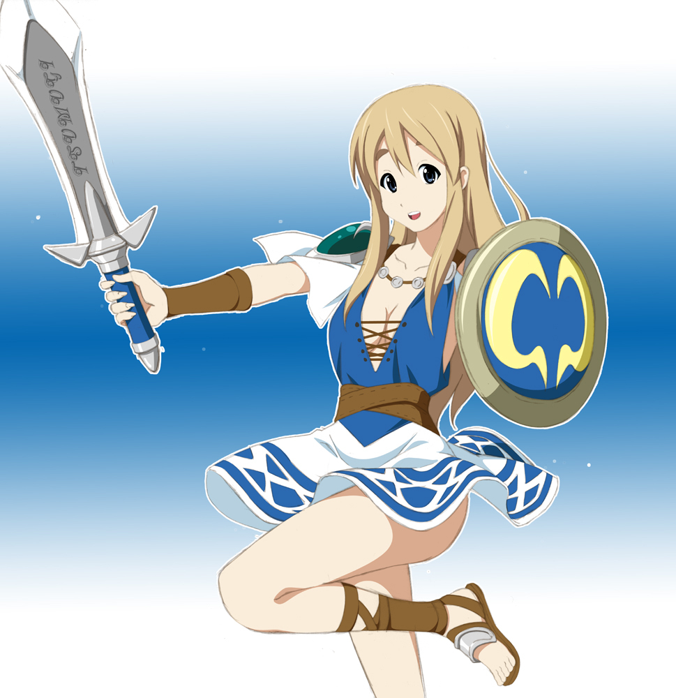 armor, armored_dress, blonde_hair, blue_eyes, breasts, cleavage, cosplay, crossover, dress, fukuoka_katsumi, k-on!, kotobuki_tsumugi, long_hair, no_bra, sandals, shield, solo, sophitia_alexandra, sophitia_alexandra_(cosplay), soul_calibur, soul_calibur_iv, soulcalibur, soulcalibur_iv, sword, weapon