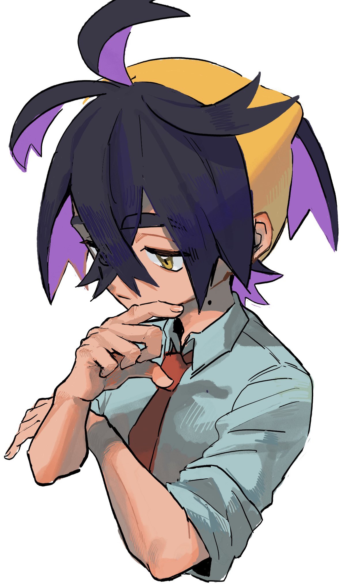 1boy, azukimomonaka, black_hair, closed_mouth, collared_shirt, commentary_request, cropped_torso, crossed_bangs