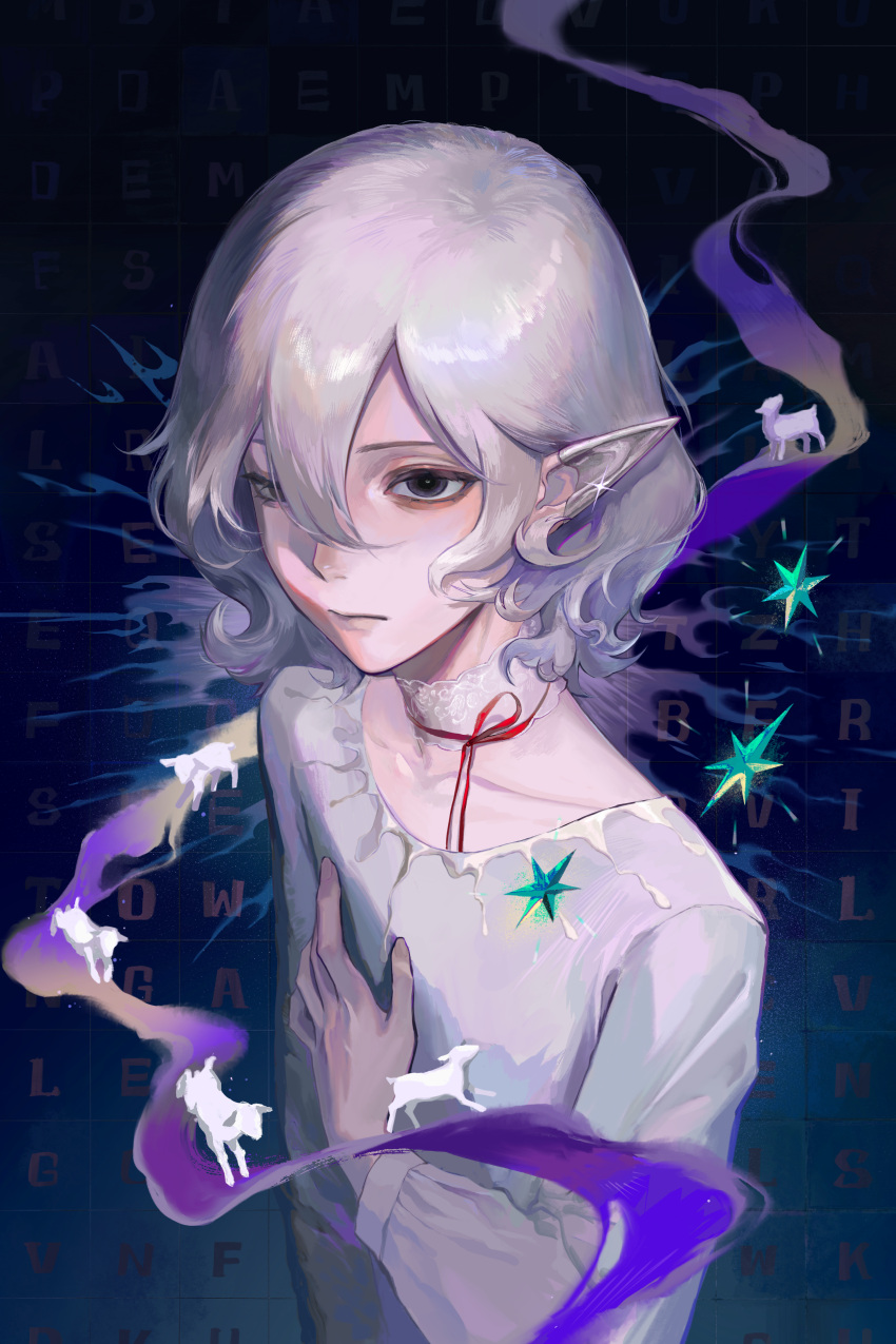 1boy, absurdres, bags_under_eyes, black_eyes, blue_background, choker, dungeon_meshi, elf, goat, goat_(dungeon_meshi), grey_hair, hand_on_own_chest, highres, lace, lace_choker, lazy_eye, long_sleeves, male_focus, mithrun, moon_shutiao, pointy_ears, prosthetic_ear, ribbon_choker, shirt, short_hair, solo, uneven_eyes, upper_body, wavy_hair, white_shirt