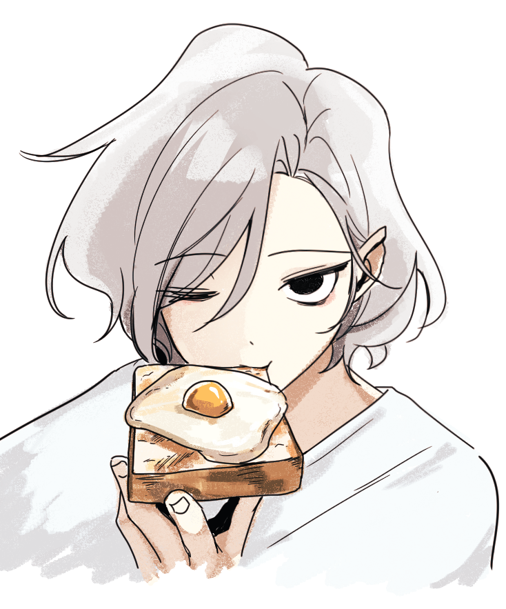 1boy, bags_under_eyes, black_eyes, bread, bread_slice, dungeon_meshi, eating, elf