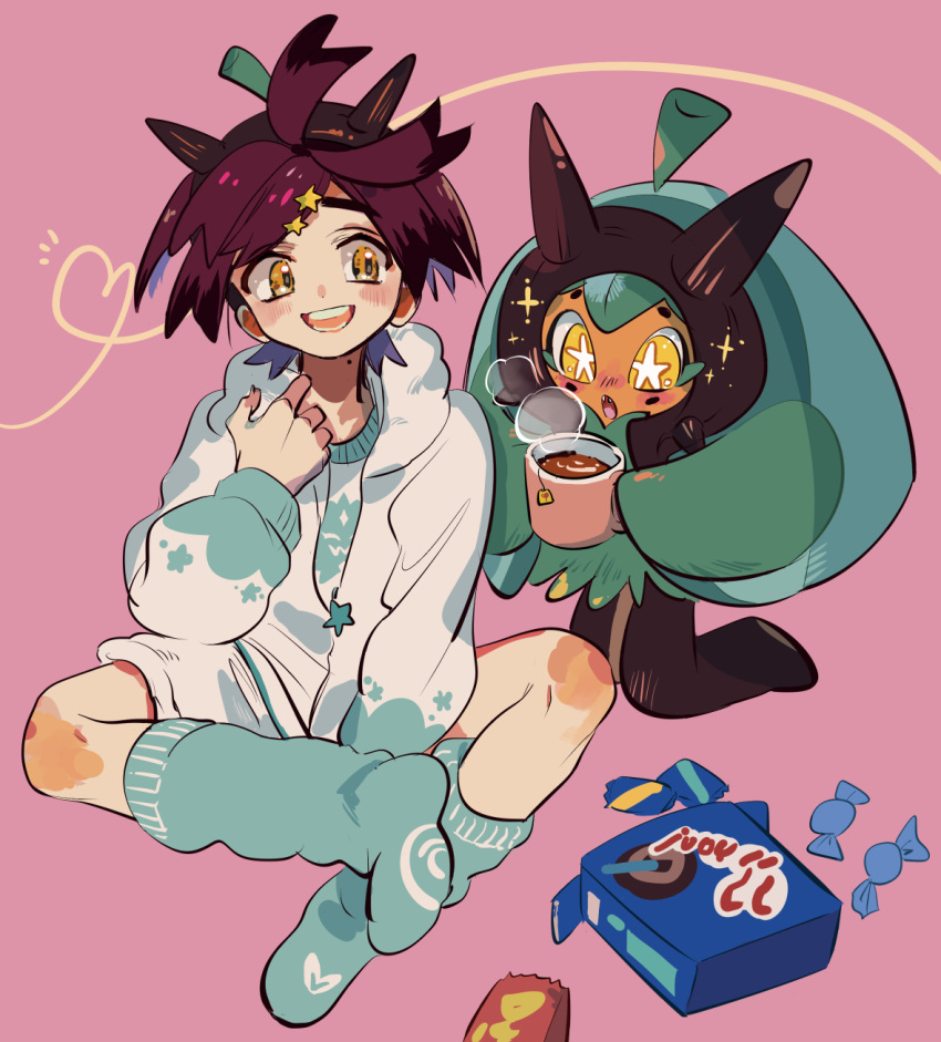 1boy, alternate_costume, alternate_hairstyle, assassinookayu, black_hair, blush, candy, cup, food, hair_between_eyes, hair_ornament, heart, highres, holding, holding_cup, jacket, kieran_(pokemon), long_sleeves, male_focus, mole, mole_on_neck, mug, multicolored_hair, ogerpon, open_mouth, pink_background, pokemon, pokemon_(creature), pokemon_sv, purple_hair, simple_background, sitting, socks, sparkle, star-shaped_pupils, star_(symbol), star_hair_ornament, symbol-shaped_pupils, yellow_eyes