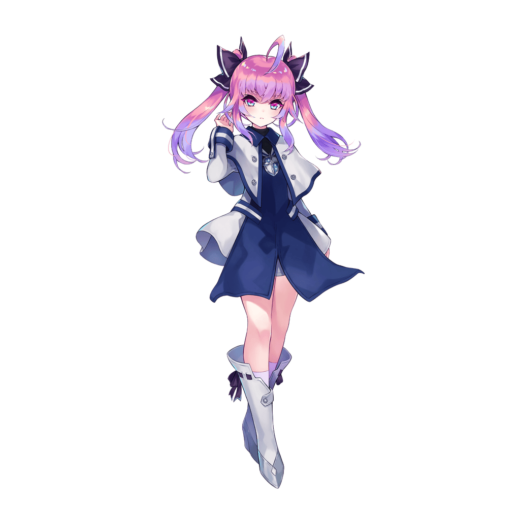 1girl, ahoge, aster_tatariqus, blue_dress, blue_eyes, boots, breasts, camelot_academy_of_chivalry_school_uniform
