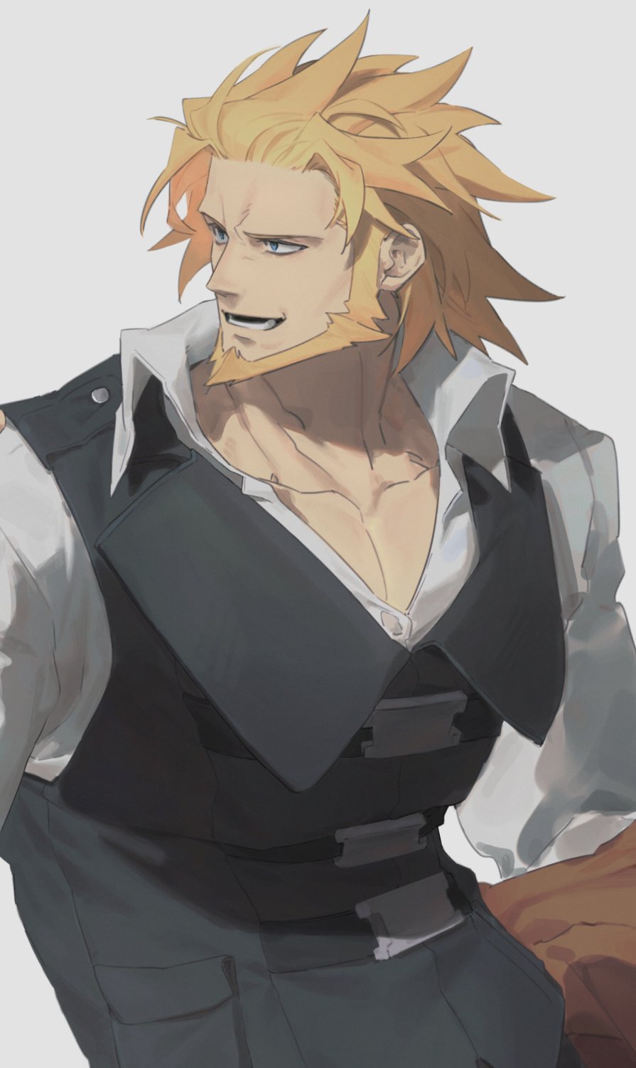 1boy, beard, black_vest, blonde_hair, blue_eyes, collarbone, collared_shirt, commentary_request