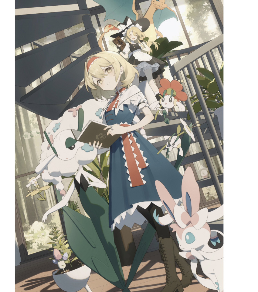 2girls, ^_^, alice_margatroid, apron, ascot, black_footwear, black_gloves, black_hat