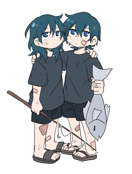 1boy, 1girl, aged_down, animal, bandaid, bandaid_on_face, bandaid_on_leg, black_shirt