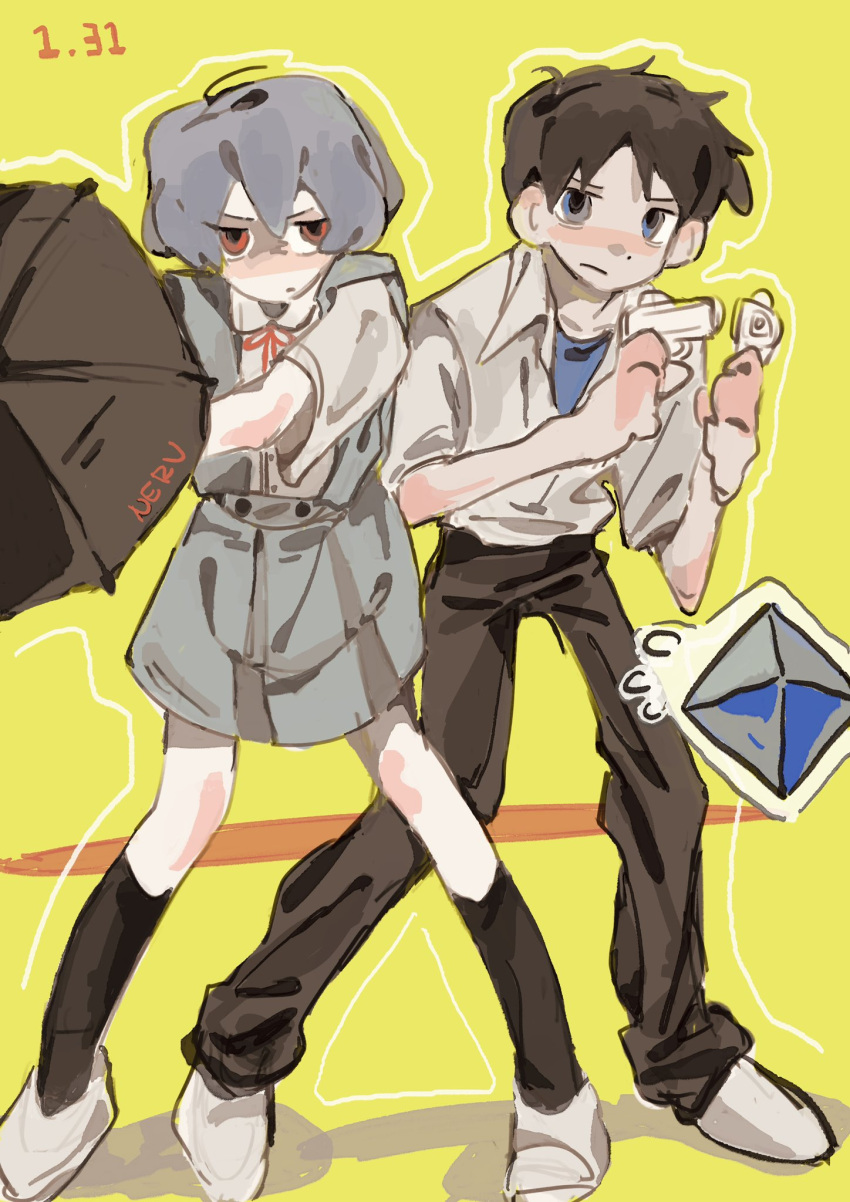 angel_(evangelion), ayanami_rei, black_socks, blue_eyes, blue_hair, blush, brown_hair, gujijiwawa