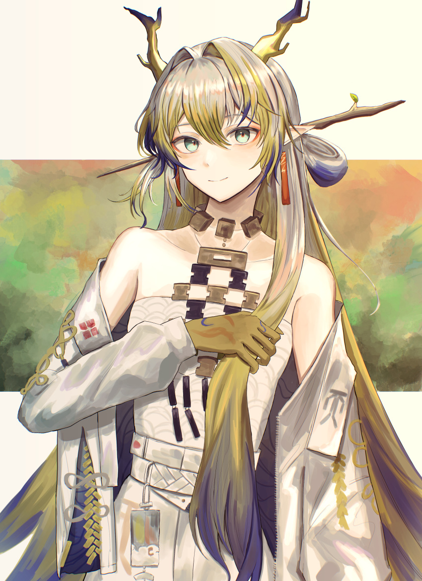 1girl, absurdres, arknights, arm_at_side, bare_shoulders, belt, blonde_hair, closed_mouth