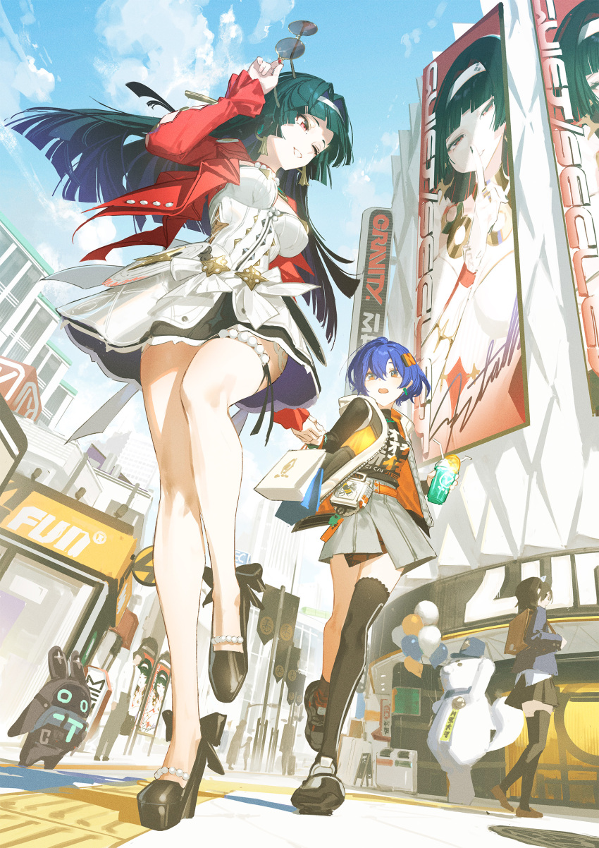 2girls, absurdres, astra_yao, asymmetrical_legwear, bag, bangboo_(zenless_zone_zero), bare_legs, belle_(zenless_zone_zero), blue_hair, blue_sky, building, city, day, dress, earrings, green_hair, hair_between_eyes, hair_ornament, hairband, high_heels, highres, jacket, jewelry, long_hair, long_sleeves, miniskirt, multiple_girls, officer_mewmew, one_eye_closed, open_mouth, outdoors, red_eyes, red_jacket, reoen, shopping_bag, short_hair, single_thighhigh, skirt, sky, sunglasses, thigh-highs, uneven_legwear, unworn_eyewear, white_dress, white_hairband, zenless_zone_zero