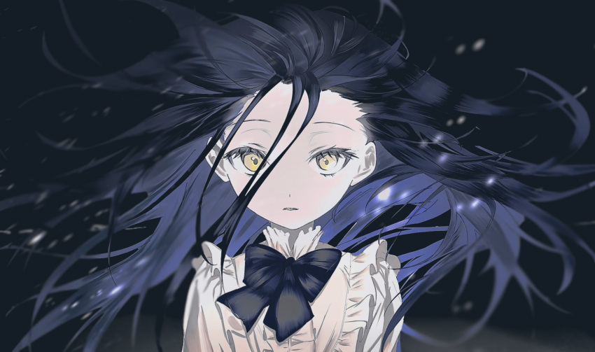 1girl, black_background, black_bow, black_hair, bow, bowtie, collared_shirt, eyelashes