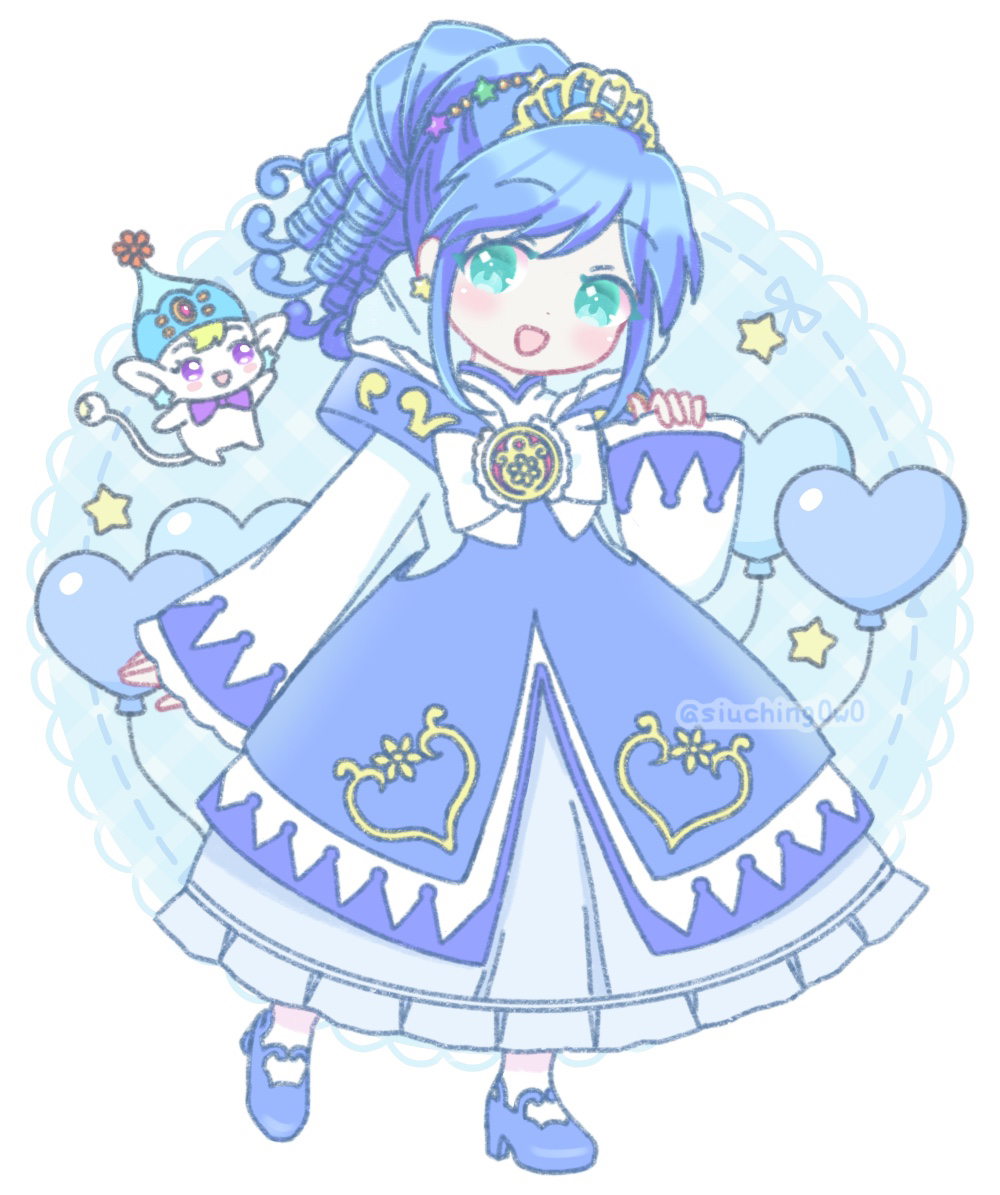 1girl, :d, aqua_eyes, balloon, blonde_hair, blue_dress, blue_footwear, blue_hair