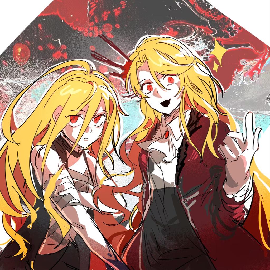 2girls, ahoge, blonde_hair, coat, collared_shirt, cowboy_shot, crossover, don_quixote_(project_moon), fantasy_suhakdaejeon, gloves, limbus_company, long_hair, look-alike, looking_at_viewer, mina_(fantasy_suhakdaejeon), multiple_girls, open_mouth, project_moon, red_coat, shirt, slit_pupils, smile, vampire, very_long_hair, white_gloves, white_shirt, wrong5166, yearning-mircalla_(e.g.o)