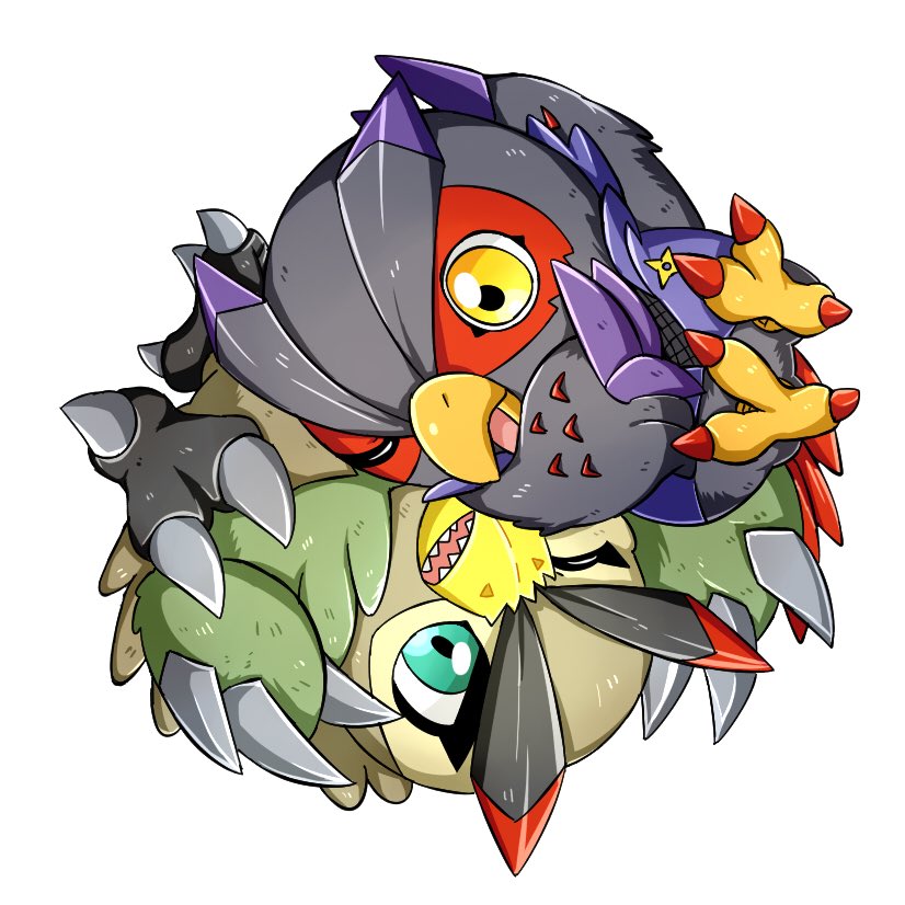 beak, bird, black_feathers, brown_feathers, digimon, digimon_(creature), falcomon, falcomon_(digimon_savers), falcon, feathers, fishnet_top, fishnets, full_body, green_eyes, green_feathers, kathygreyxl, name_connection, no_humans, one_eye_closed, owl, rotational_symmetry, simple_background, talons, white_background, yellow_eyes