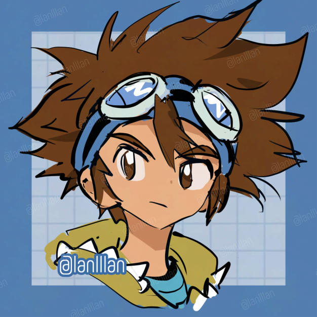 1boy, alternate_costume, blue_background, blue_headband, brown_eyes, brown_hair, close-up, digimon
