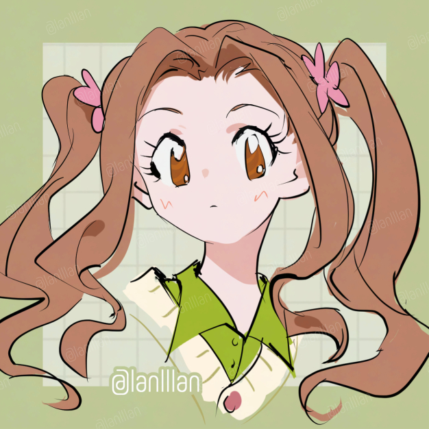 1girl, alternate_costume, brown_eyes, brown_hair, cardigan, close-up, digimon, digimon_adventure, green_background, green_shirt, lanlllan, long_hair, shirt, simple_background, solo, tachikawa_mimi, twintails