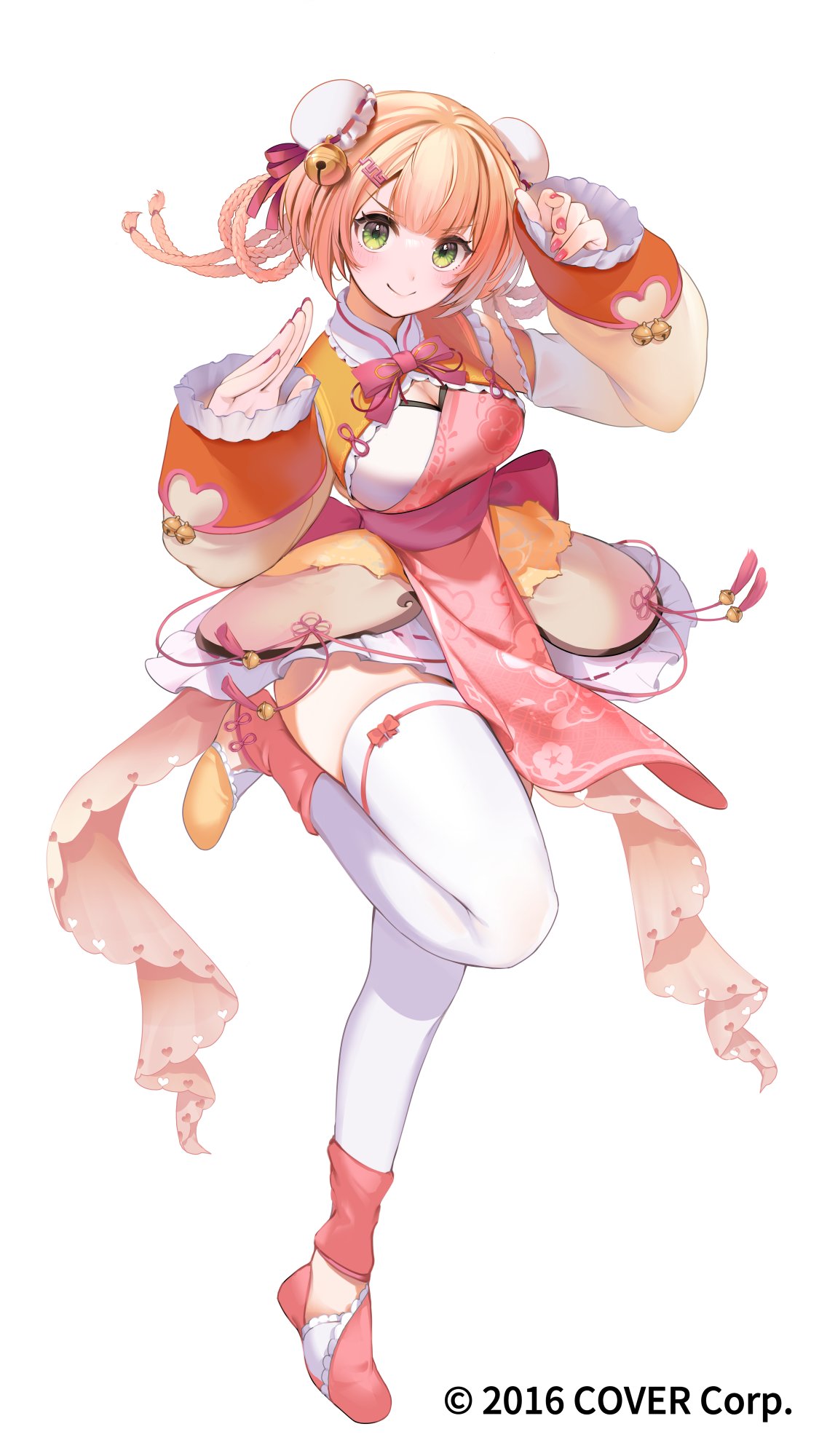 1girl, bell, blonde_hair, braid, braided_hair_rings, bun_cover, center-flap_bangs, chinese_clothes