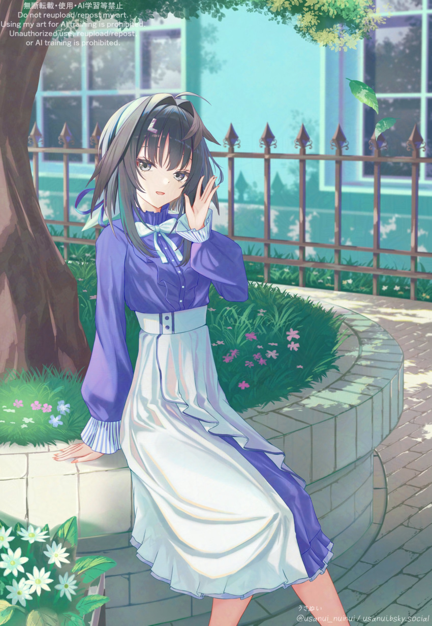 1girl, :d, absurdres, arknights, arm_up, black_eyes, black_hair, bow