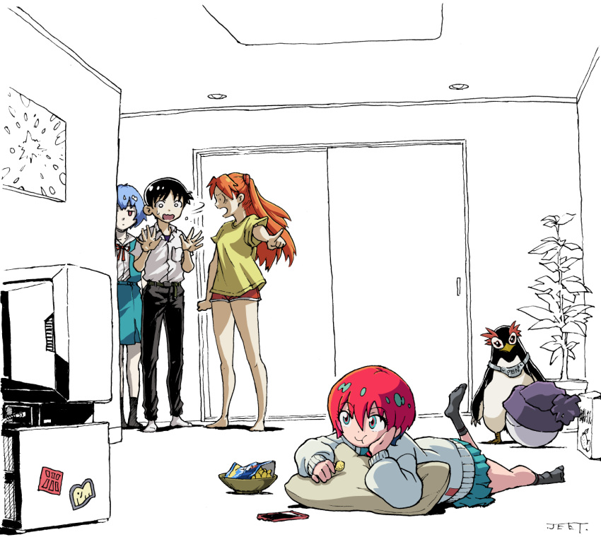 1boy, 3girls, amate_yuzuriha, aqua_eyes, aqua_skirt, ayanami_rei, bird, blue_eyes