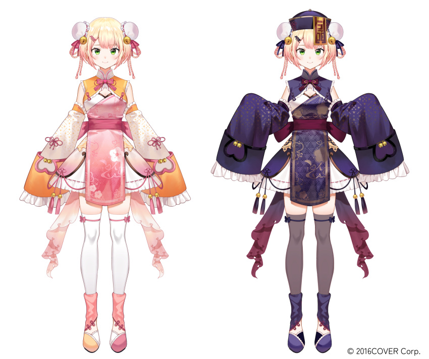 1girl, bell, black_thighhighs, blonde_hair, braid, braided_hair_rings, bun_cover, center-flap_bangs