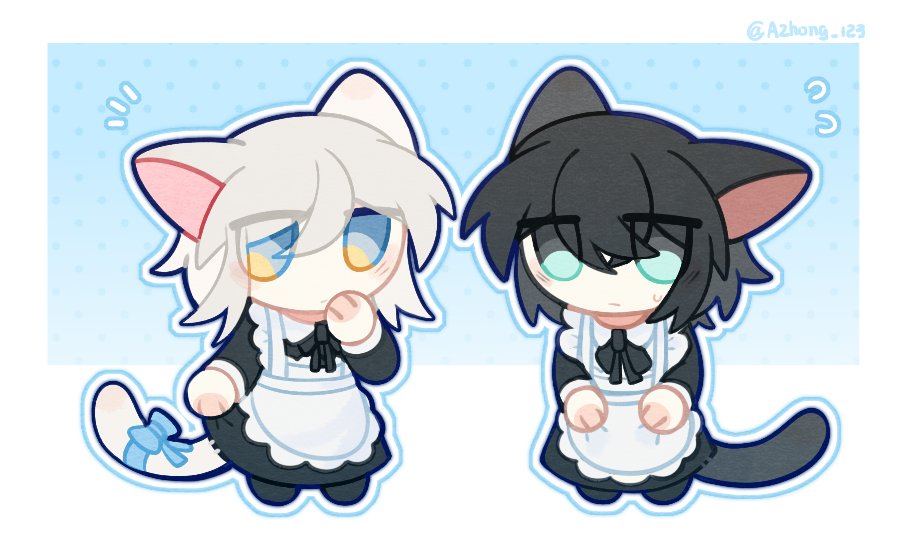 1boy, 1girl, animal_ears, aqua_eyes, azhong_123, black_dress, black_eyes, black_hair