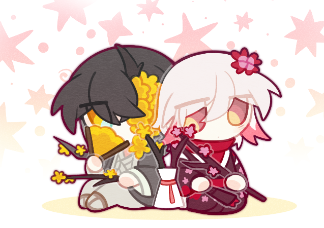 1boy, 1girl, azhong_123, branch, cherry_blossom_(e.g.o), chibi, e.g.o_(project_moon), faust_(project_moon)