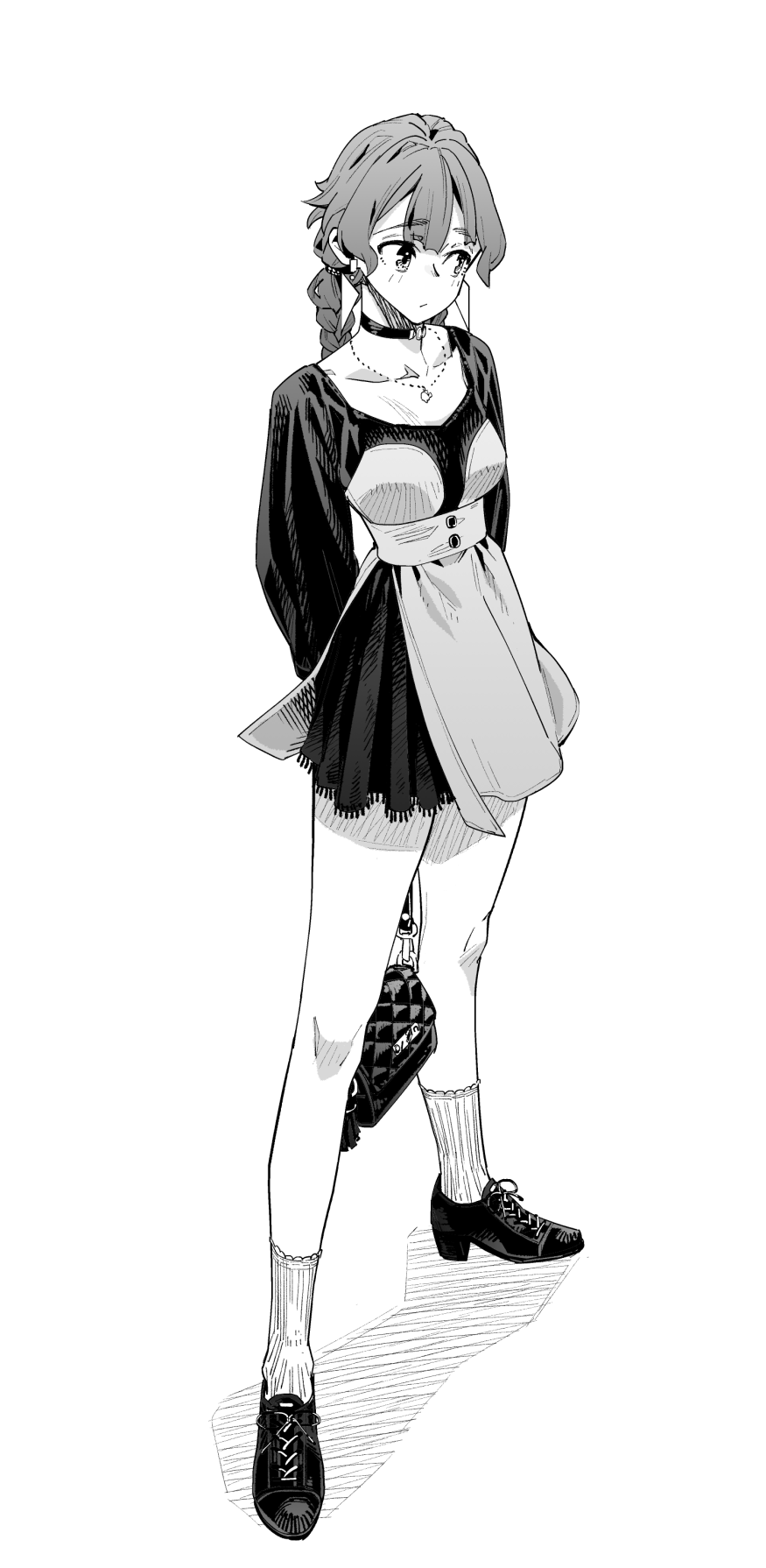1girl, aihara_akito, arms_behind_back, bag, blush, bracelet, braid, choker