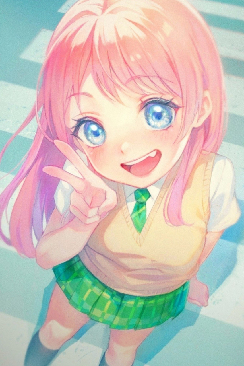 1girl, bang_dream!, bang_dream!_it's_mygo!!!!!, black_socks, blue_eyes, blush, brown_sweater_vest, chihaya_anon, commentary, crosswalk, fang, green_necktie, green_skirt, haneoka_school_uniform, highres, kneehighs, long_hair, necktie, open_mouth, pink_hair, plaid_clothes, plaid_skirt, pleated_skirt, school_uniform, shirohata_nagisa, shirt, skirt, socks, solo, sweater_vest, teeth, upper_teeth_only, v, white_shirt