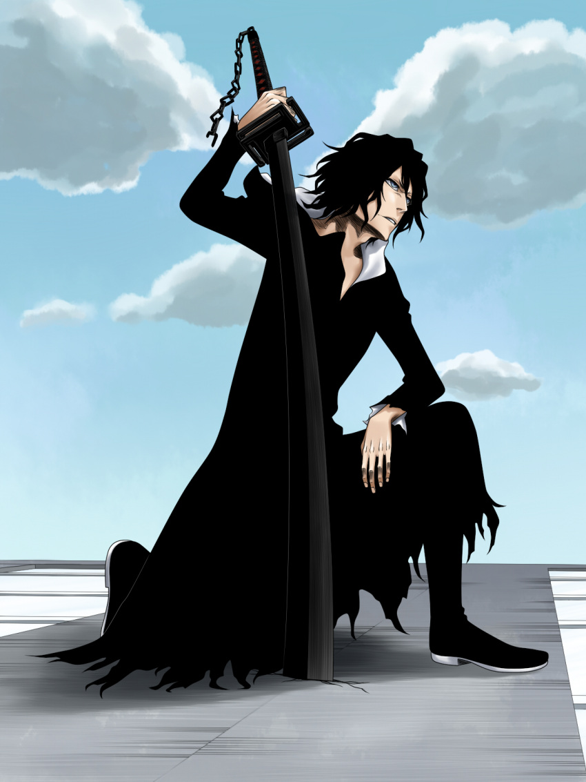 1boy, arm_up, bankai, black_coat, black_footwear, black_hair, bleach, bleachist