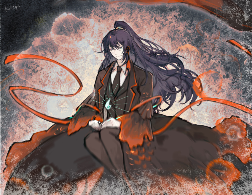 1boy, absurdres, black_coat, black_hair, black_necktie, black_pants, closed_mouth, coat