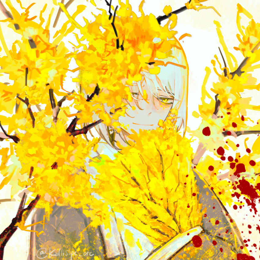 1girl, absurdres, branch, coat, dongbaek_(project_moon), e.g.o_(project_moon), flower, folding_fan