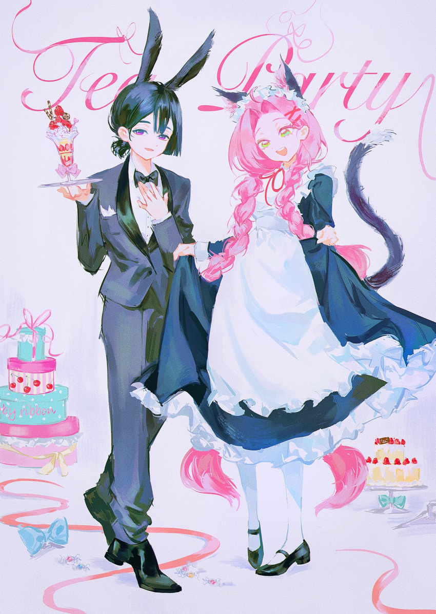 2girls, alien_stage, animal_ears, apron, black_bow, black_bowtie, black_dress, black_hair