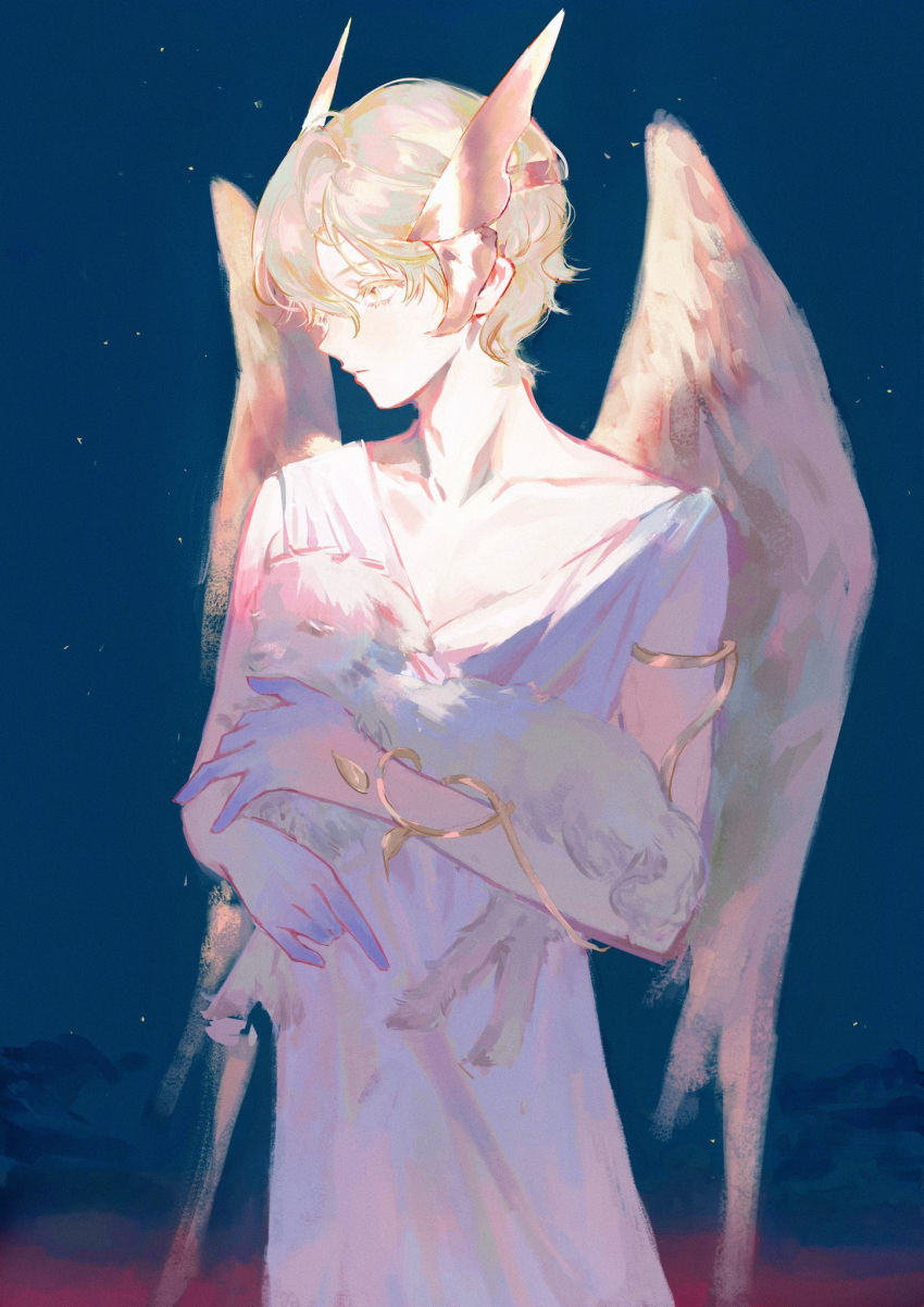 1boy, alien_stage, animal, armlet, blonde_hair, clouds, cowboy_shot, hands_up, highres, holding, holding_animal, jewelry, lamb, looking_to_the_side, luka_(alien_stage), night, night_sky, pkiiiiii, sheep, sky, solo, white_wings, wings, yellow_eyes