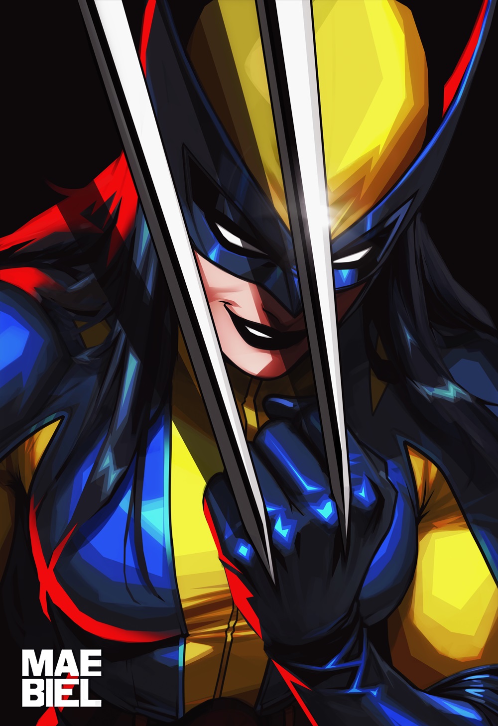 1girl, animification, black_hair, bodysuit, breasts, claws, cosplay, gloves