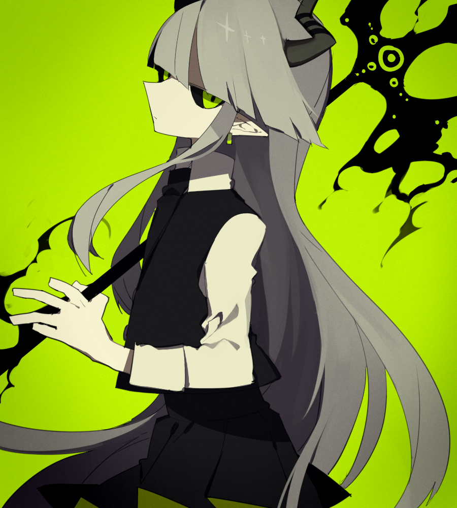 1girl, demon_girl, demon_horns, funamusea, green_eyes, higa423, holding, holding_polearm, holding_weapon, horns, kurotsuno, long_hair, looking_at_viewer, pointy_ears, polearm, solo, suit, sutare_yume, weapon
