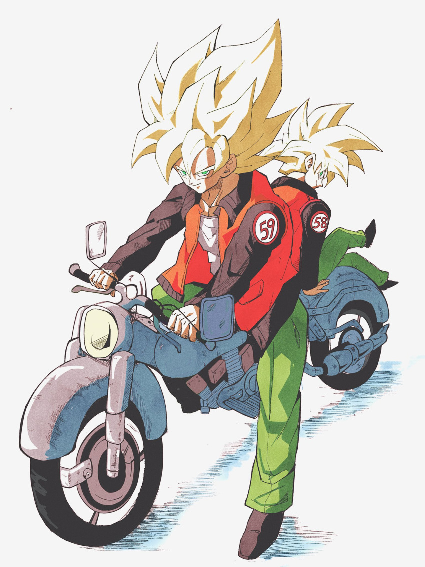 2boys, blonde_hair, dragon_ball, dragon_ball_z, green_eyes, green_pants, highres, jacket