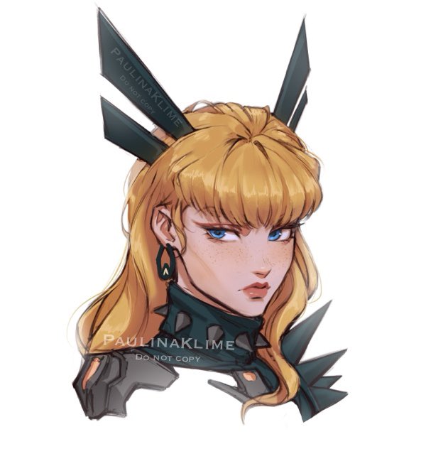 1girl, artist_name, black_choker, blonde_hair, blue_eyes, choker, closed_mouth, earrings