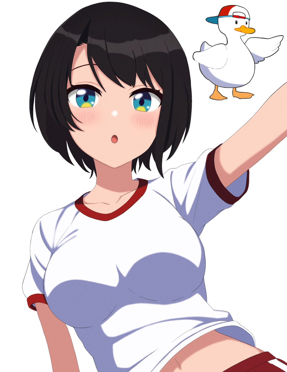 1girl, bird, duck, highres, hololive, oozora_subaru, open_mouth, shirt, short_hair, simple_background, strongnaito3, subaru_duck, virtual_youtuber
