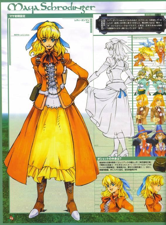 belt, blonde_hair, blue_eyes, boots, bow, character_name, collar, cosplay, dress, dual_persona, gloves, hand_on_hip, hat, high_heels, hips, jacket, long_hair, maya_schrodinger, official_art, ooba_wakako, orange_dress, ponytail, ribbon, scan, scan_artifacts, shoes, short_hair, sketch, smile, solo, wild_arms, wild_arms_3, witch, witch_hat