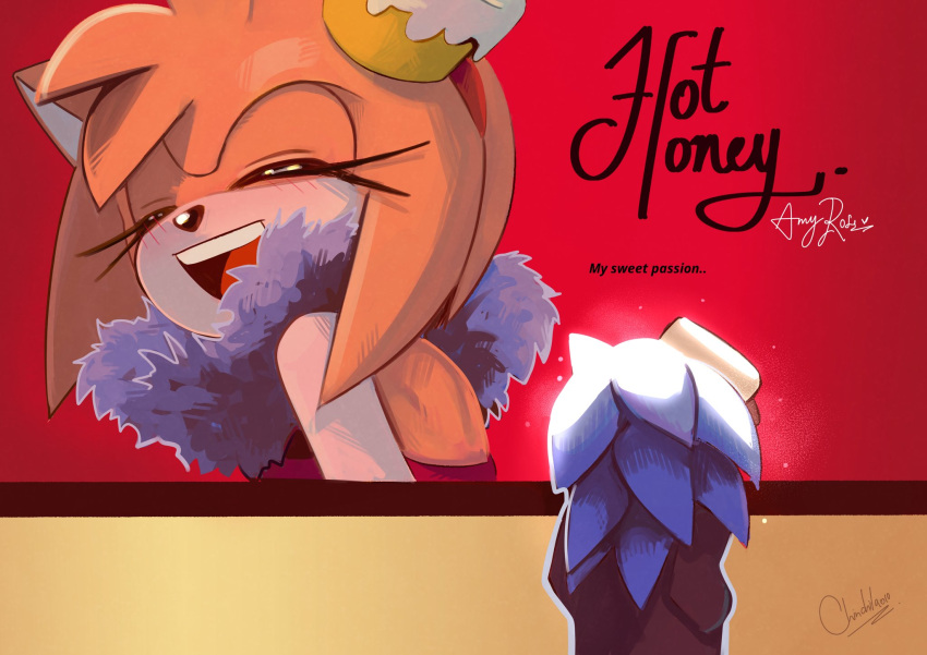 1boy, amy_rose, back, black_jacket, blue_fur, cake_hair_ornament, character_name, chinchila010