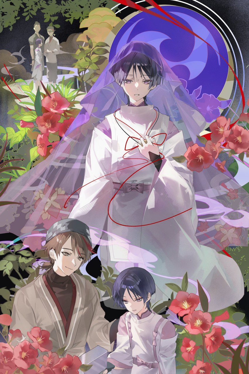 3boys, absurdres, arm_at_side, armor, blunt_ends, brown_eyes, brown_hair, brown_kimono