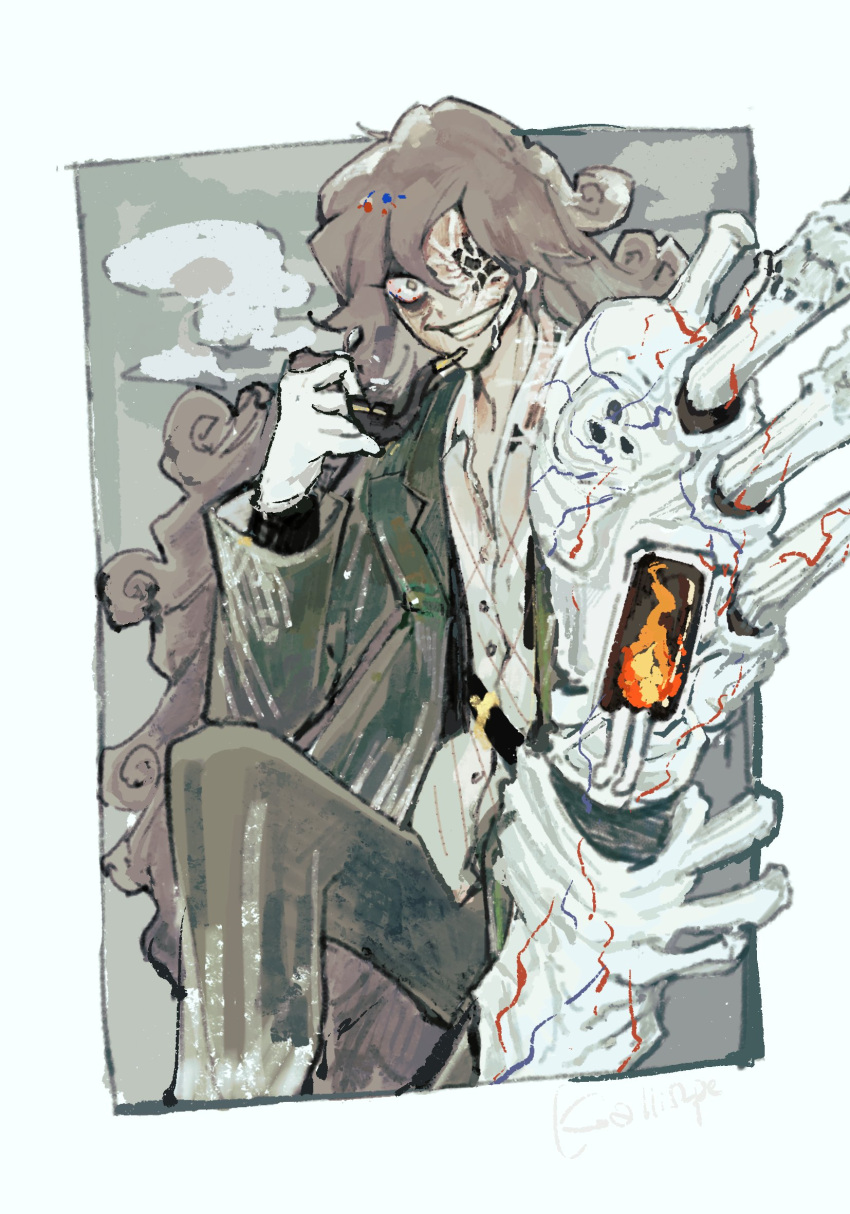 1girl, ahab_(project_moon), collared_shirt, gasharpoon_(e.g.o), gloves, green_jacket, green_pants, grey_hair