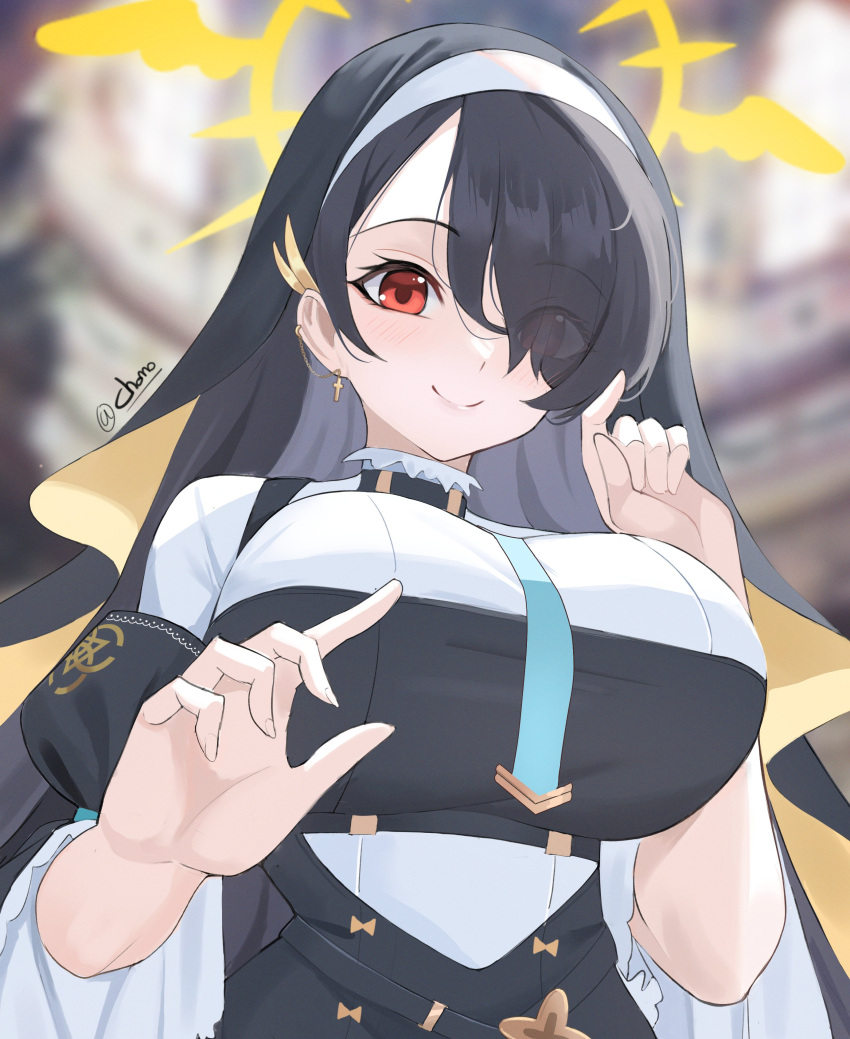 1girl, absurdres, black_choker, black_hair, blue_archive, breasts, choker, halo