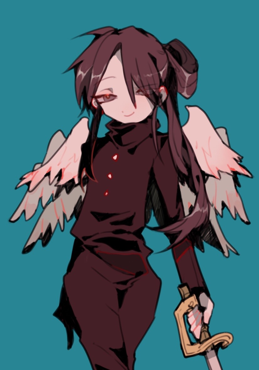 1boy, angel, angel_wings, feathered_wings, funamusea, holding, holding_sword, holding_weapon, looking_at_viewer, multiple_wings, radishcarbon, school_uniform, solo, sword, tsurugigozen_(funamusea), weapon, wings