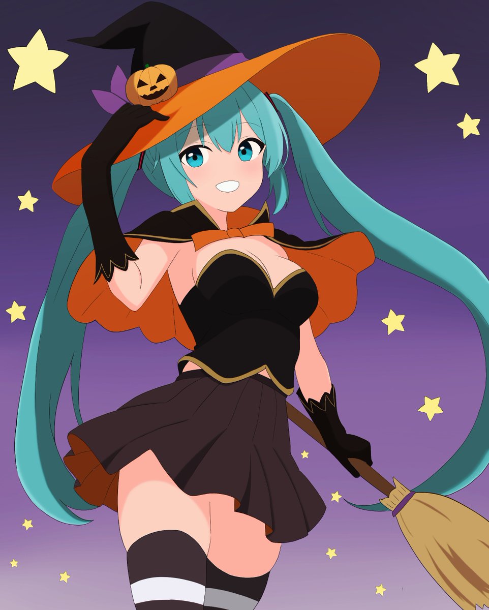 1girl, aqua_eyes, aqua_hair, halloween, hatsune_miku, highres, simple_background, skirt, strongnaito3, twintails, vocaloid