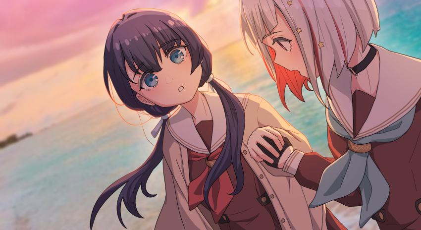 2girls, and_fersent, aqua_neckerchief, black_choker, black_gloves, blue_eyes, blue_hair, blue_ribbon