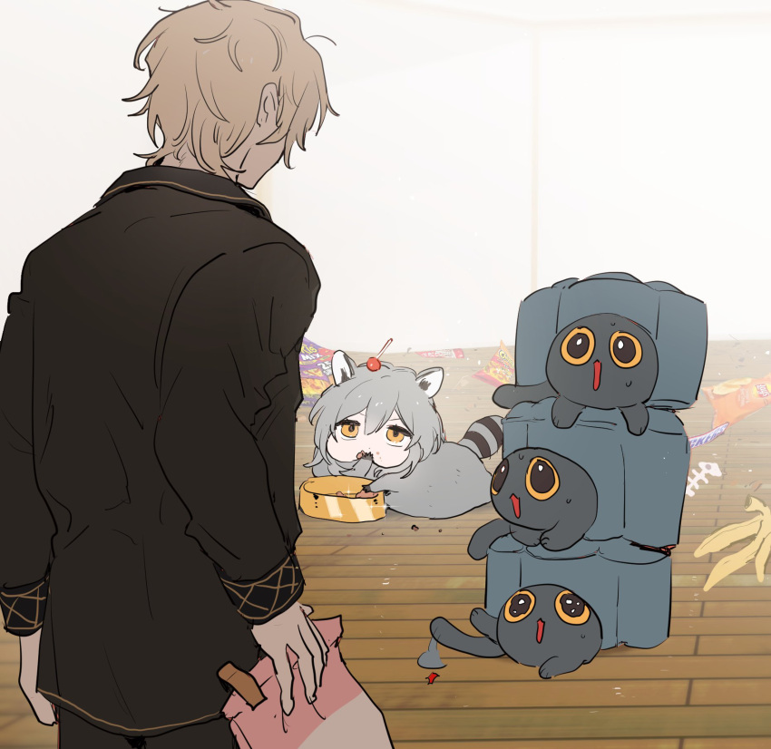 1boy, 1girl, animal_ears, aventurine_(honkai:_star_rail), blonde_hair, critter_pick_(honkai:_star_rail), dal-gi, eating